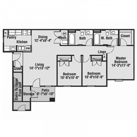 Floor plan for 3 beds, 2 baths, 1309 sqft